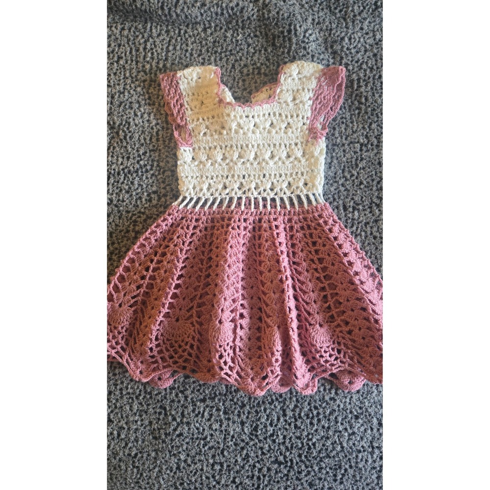 Vintage Handmade Crochet Baby‎ Dress Pink White Lace Knit Special Occasion